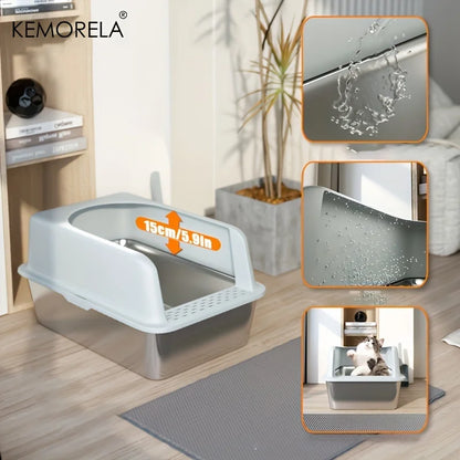 Large Stainless Steel Closed Litter Box with Mat and Spade - High-Sided Cat Tray - ZOOMNSTORE