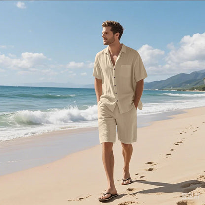Summer Men's New Linen Loose-Fitting, Versatile, Comfortable, Breathable and Quick-Drying Beach Short-Sleeved Short Pants Set