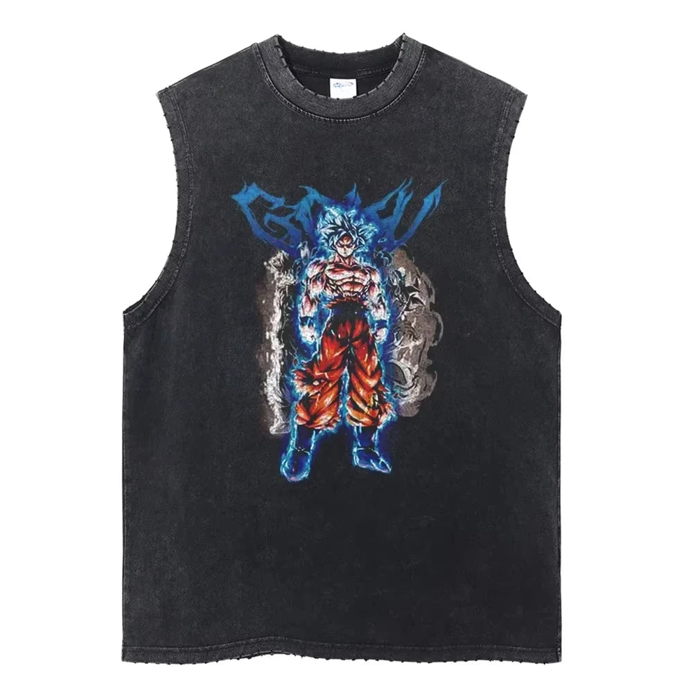 Vintage Vest Washed T-Shirt Anime Dragon Ball Graphic Tank Top Cotton Sleeveless Streetwear Loose GYM T Shirt Men's Clothing