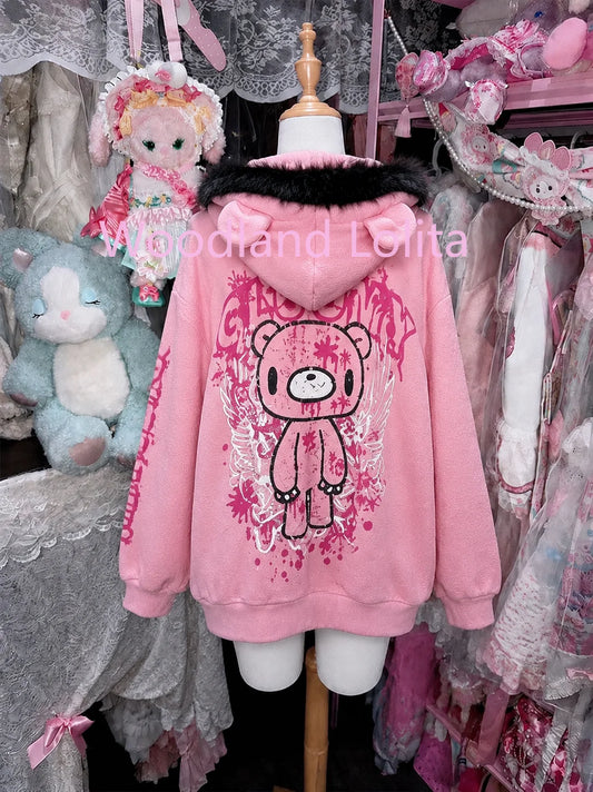 Autumn Winter Japanese Dark Gothic Hooded Coat Women Fur Collar Cartoon Bear Loose Hoodie Sweatshirts Y2K Coat Jacket Jirai Kei