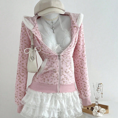 Cute Pink Leopard Pint Hooded Y2k Clothes Aesthetic 2000s Vintage Kpop Women's Sweatshirts Zip-up Grunge Gyaru Hoody Gothic Top