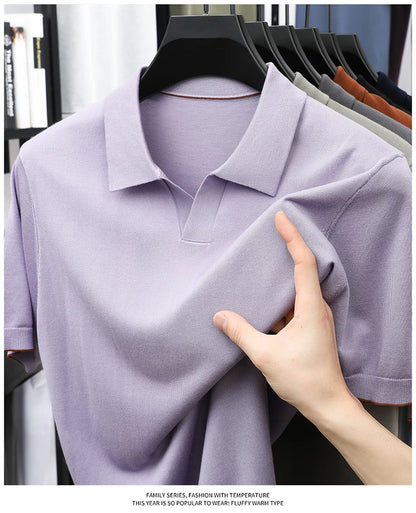 100%  Lyocell Knitwear 2025 Men Spring Summer Trendy Turn Down Collar Knit Tees Short Sleeve Breathable Knit Tops