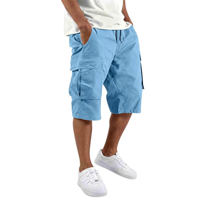 2026 Summer men loose straight pants Casual multi-pocket Shorts pure color fashion Men Shorts drawstring daily cargo short pants