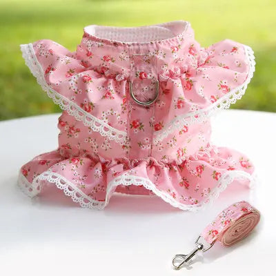 Lace Floral Dog Cat Harness Leash Set For Small Dogs Dress Cute Adjustable Pet Harness Vest Breathable Mesh Running Walking Lead
