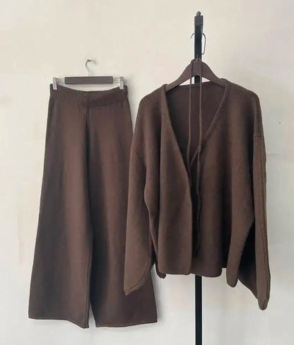 [EWQ] Fashion V-neck Long Sleeve Lace Up Sweater And High Waist Trousers Casual Women Knit Set Clothing 2025 Autumn New 16O1719