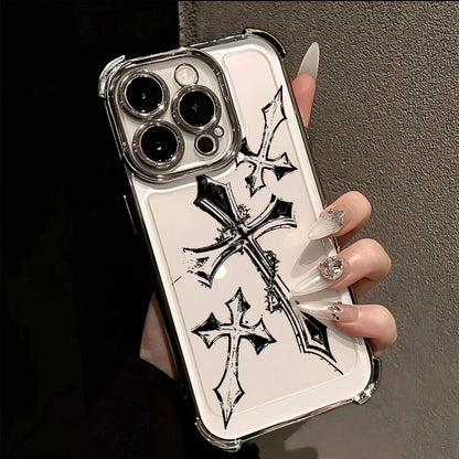 Cool Dark Gothic Cross Mark Line Plating Phone Case For IPhone 17 16e 16 15 14 13 12 11 Pro Max X XR XSMax 7 8 Mini Air Plus