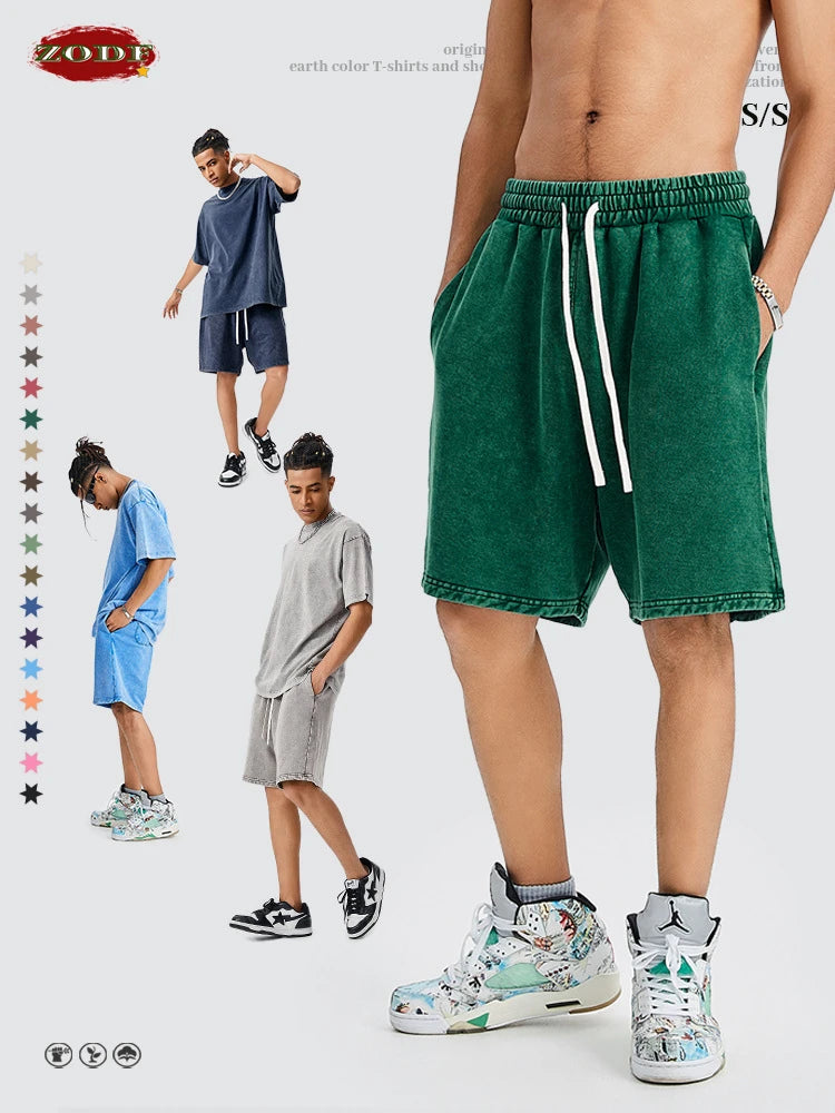ZODF Trendy Batik Washed 420gsm Cotton Shorts For Men Retro Unisex Basic Heavy Weight Loose Solid Shorts Brand Bottoms HY0855