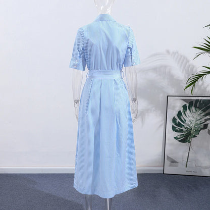 Women Summer Dress - Casual Striped Long Half Sleeve Slim Waist Mid-Calf Robe