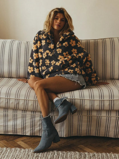 Fleece Flower Sweatshirt For Women 2025 Autumn Winter New Fashion Hoodies Warm Fur Top Zipper Pullovers Casual Outwear
