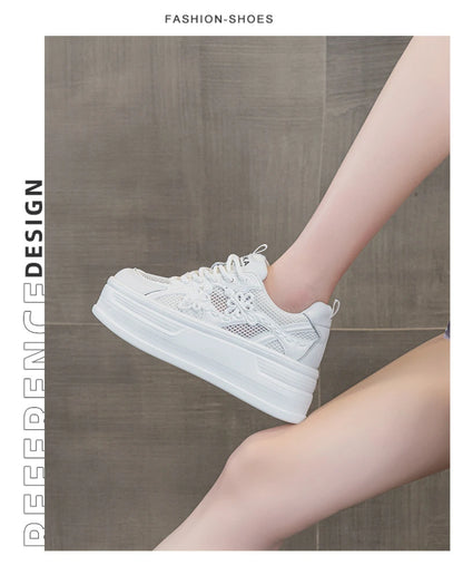 Womens White Mesh Platform Sneakers Breathable Thick Sole Casual Shoes With Flower Embroidery Lightweight Non Slip For Summer Da