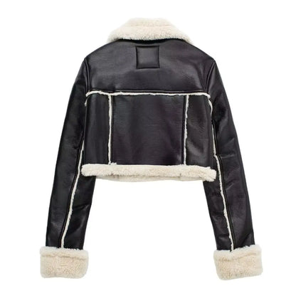 Faux Leather Jacket - Women's Winter Coat With Zipper Front & Turn-Down Collar