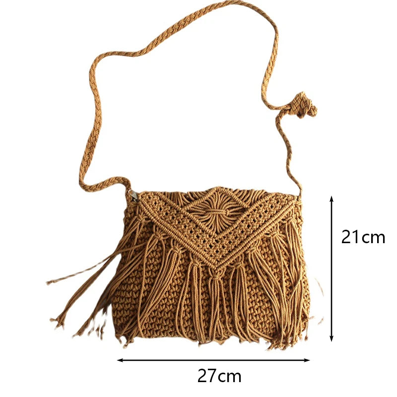 Handmade Cotton Crossbody Bag - Vintage Tassel Shoulder Messenger for Women Summer Beach Handbag 2023