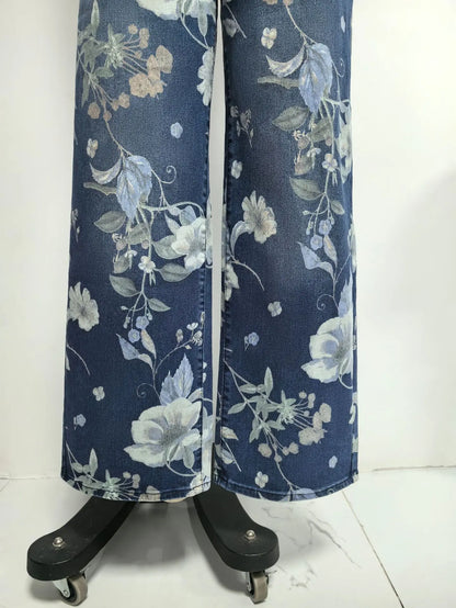 New for 2026: Women's Blue High-waisted Stretch Jeans, Vintage-style Loose-fit Wide-leg Denim Pants with A Floral Print.