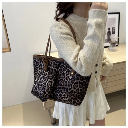 Leopard Print Tote Bag - Women's PU Leather Large Capacity Casual Travel Purse