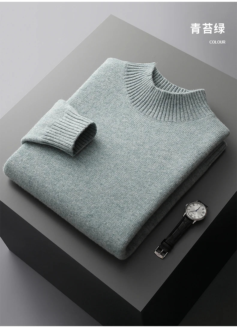 Winter Double Thick Men's Cashmere Sweater With Semi-High Neck High-End Warm Wool Knitted Bottoming Shirt