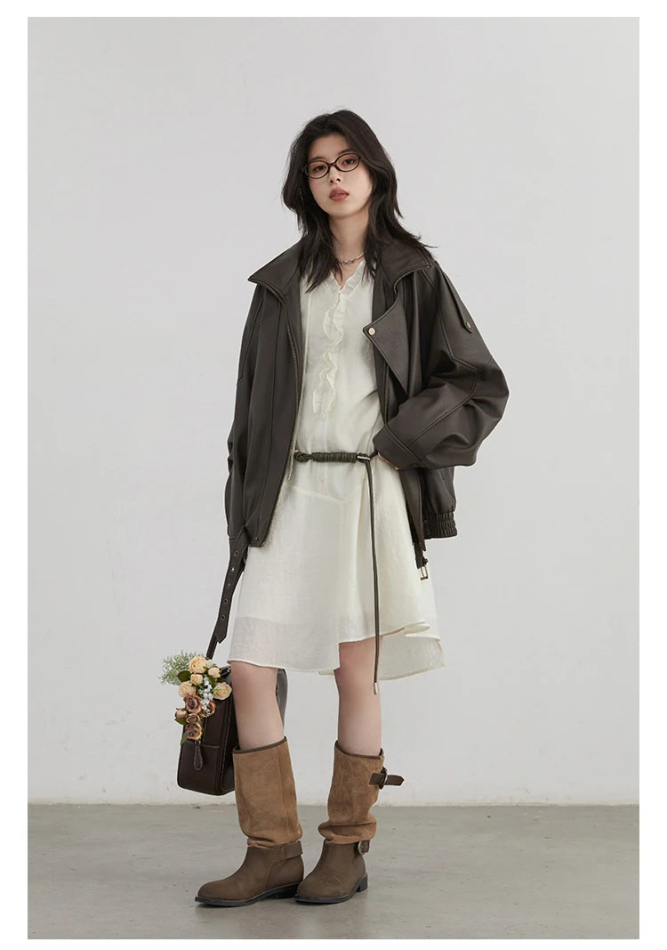 Women Loose Dress - Casual V-Neck Long Sleeve A-Line Knee Dress With Ruffled Lantern Sleeves