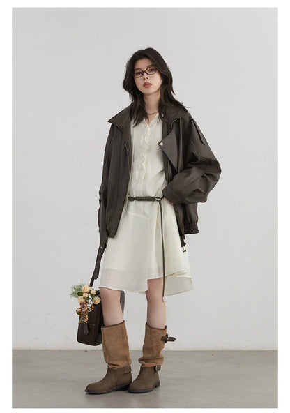 Women Loose Dress - Casual V-Neck Long Sleeve A-Line Knee Dress With Ruffled Lantern Sleeves