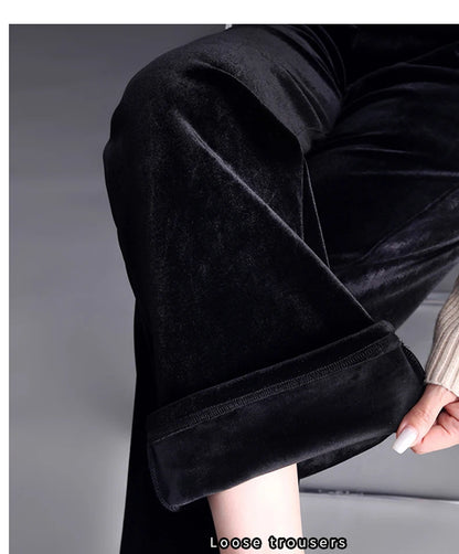 Korean style blue velvet wide leg pants for women in spring and autumn, high-end fashion, loose fit, plus size casual pants