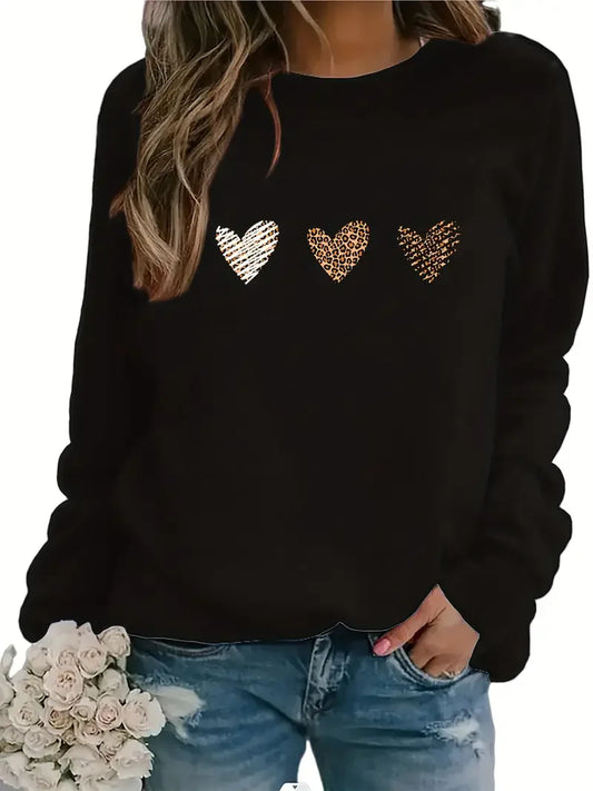 Hooded Leopard Heart Print Pullover Casual Long Sleeve Crew Neck Sweatshirt for Autumn and Winter Women Graphic Retro Y2K Top