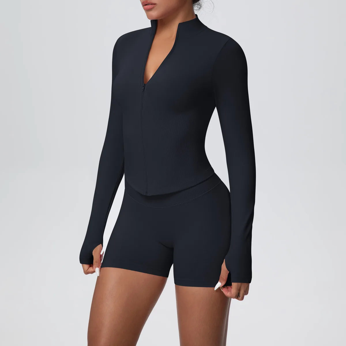 Women Gym Set - Seamless Yoga Suit With Zip Shirt & Cycling Shorts Activewear