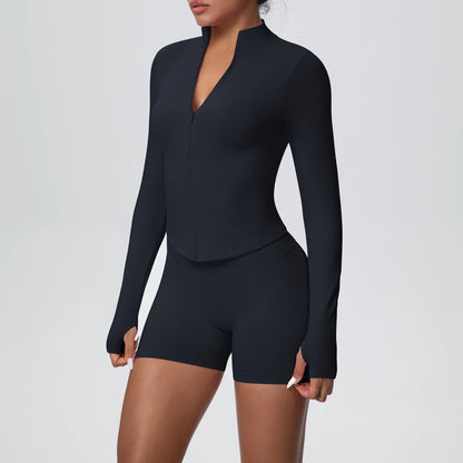 Women Gym Set - Seamless Yoga Suit With Zip Shirt & Cycling Shorts Activewear
