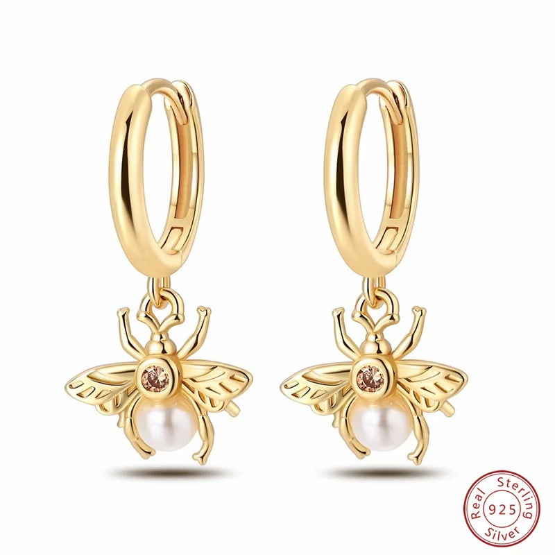 Silver Gold Pearl Earrings - 925 Sterling Silver Bee Star Moon Design Studs