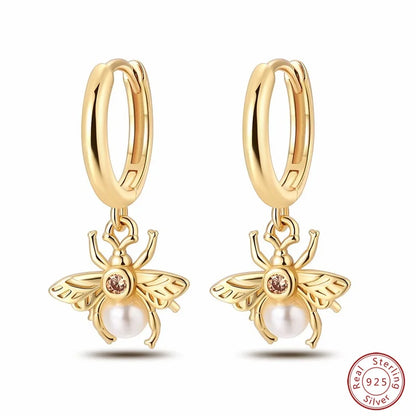 Silver Gold Pearl Earrings - 925 Sterling Silver Bee Star Moon Design Studs