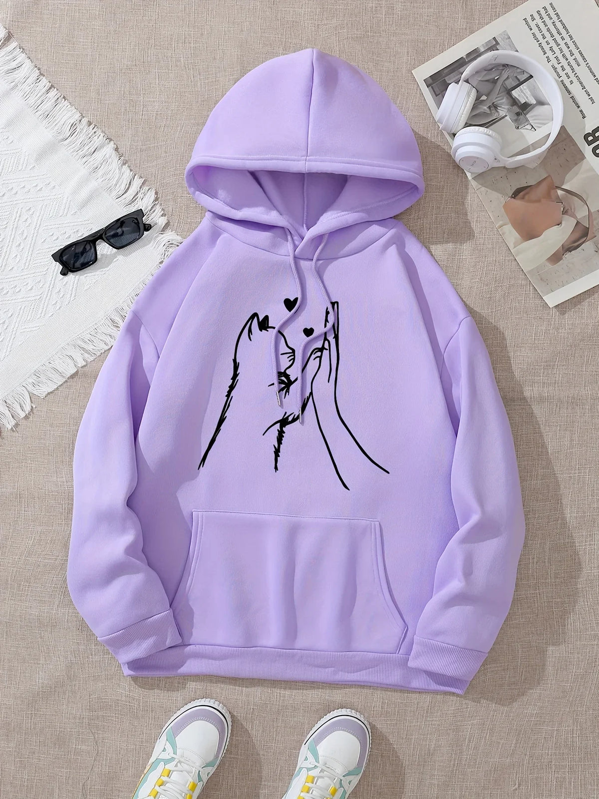 2025 Autumn Winter Hoodie Women's Casual Hooded Sweatshirt with Cute High-Fiving Cats  Hearts Graphic Print Warm Hoody