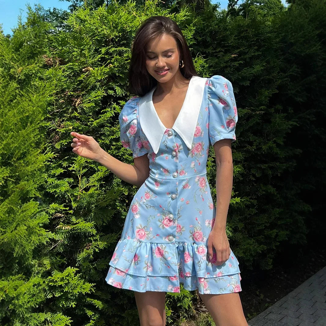 Puff Sleeve Mini Dress - Women's Summer Casual Vacation Dress With Pearl Buttons