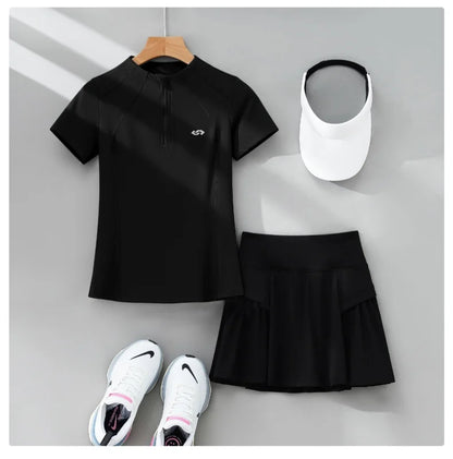 DRUR 2pcs Tennis Skirt Set Women Summer Sports Suit 2 Piece Fitness Top Skort Sets Ladies Golf Wear Set Sportswear Outfits 2025