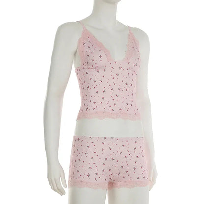 Women Two-pieces Pajamas Set Pink Floral Lace Patchwork Sleepwear Sleeveless Camisoles and Slim Cute Shorts Loungewear