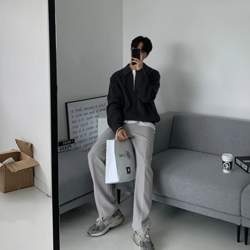 Winter Lapel Sweater Men Warm Fashion Casual Knit Pullover Men Korean Loose Zipper Long Sleeve Sweater Mens Jumper Clothes