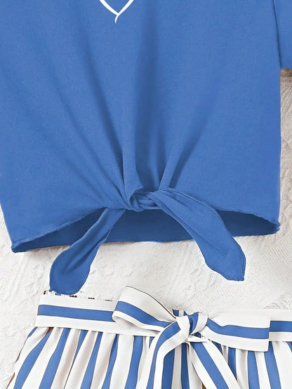 Women's casual daily short sleeved love printed+striped printed shorts 2-piece set with random belt striped children's clothing