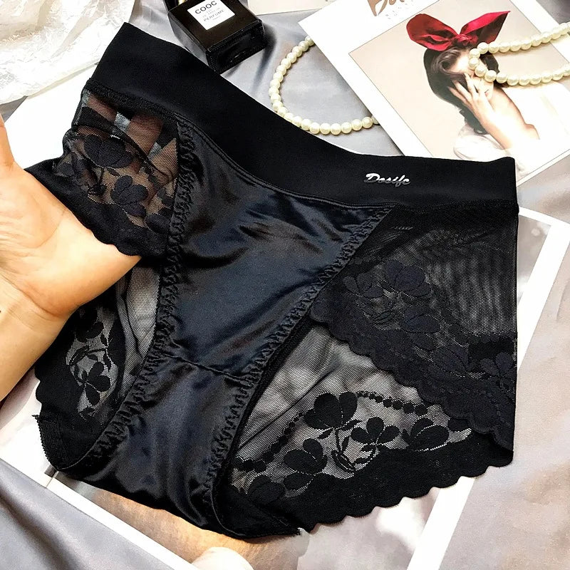 Women Luxury Satin panties Tummly control summer Sexy Lace briefs High waist Plus size Cotton crotch Breathable Underpants Linge