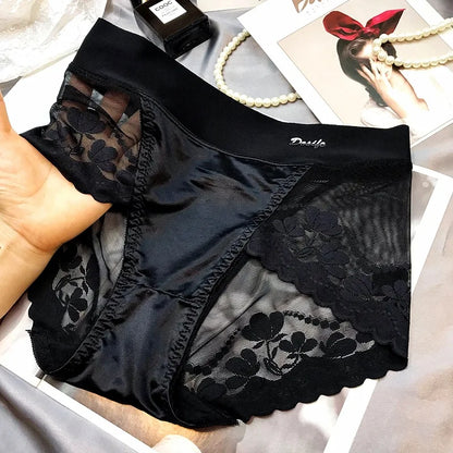 Women Luxury Satin panties Tummly control summer Sexy Lace briefs High waist Plus size Cotton crotch Breathable Underpants Linge