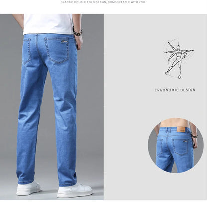 2025 Spring Summer Thin Classic Men's Business Jeans Stretch Trousers Casual Straight Denim Pants  Brand Male Clothing 28-40