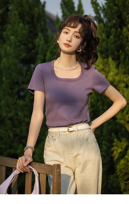 Women's Square-Neck T-Shirt – Elegant Cotton Short-Sleeve Top