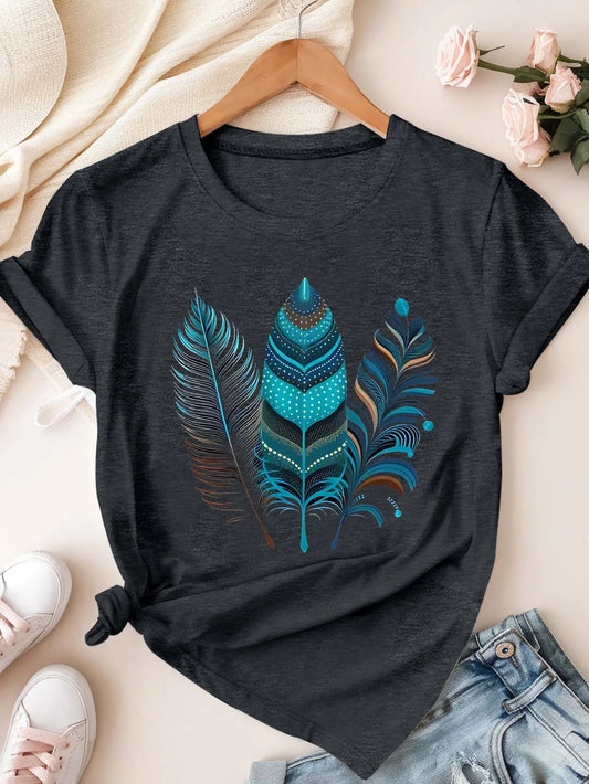 Plus Size T Shirt - Women's Bohemian Feather Print Short Sleeve Tee | Comfortable Knit Fabric