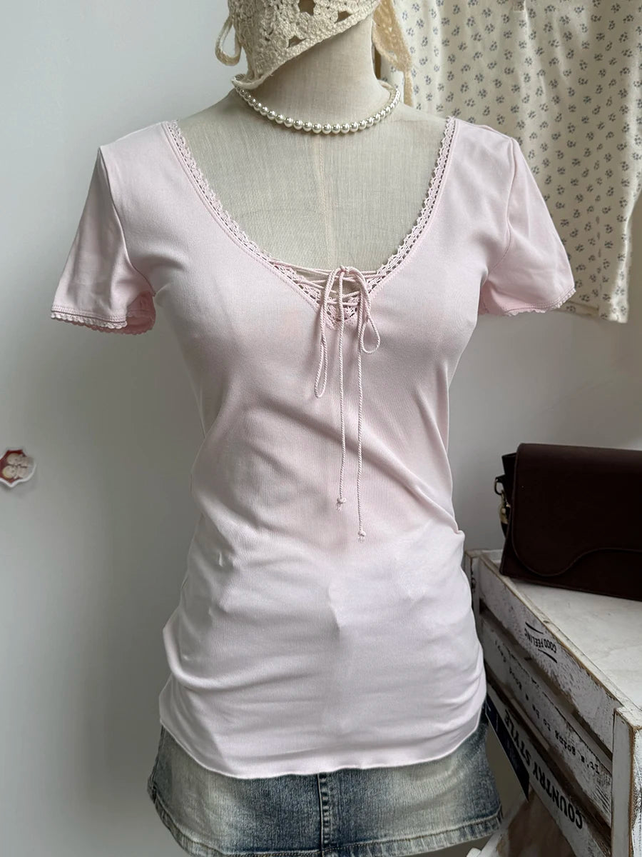 Beige Lace Trim Long Sleeve Tees Women Autumn New Streetwear Cotton Slim Sexy V-neck Lace-up Tops Sweet Simple Chic T-shirts Y2K