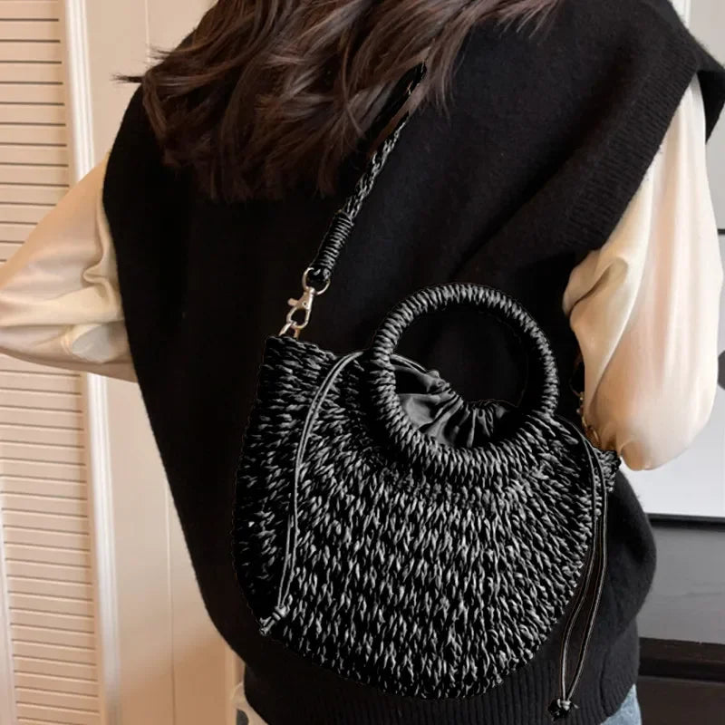 Straw Rattan Handbag – Large Capacity Half Moon Purse | Hollow Out Shoulder Bag