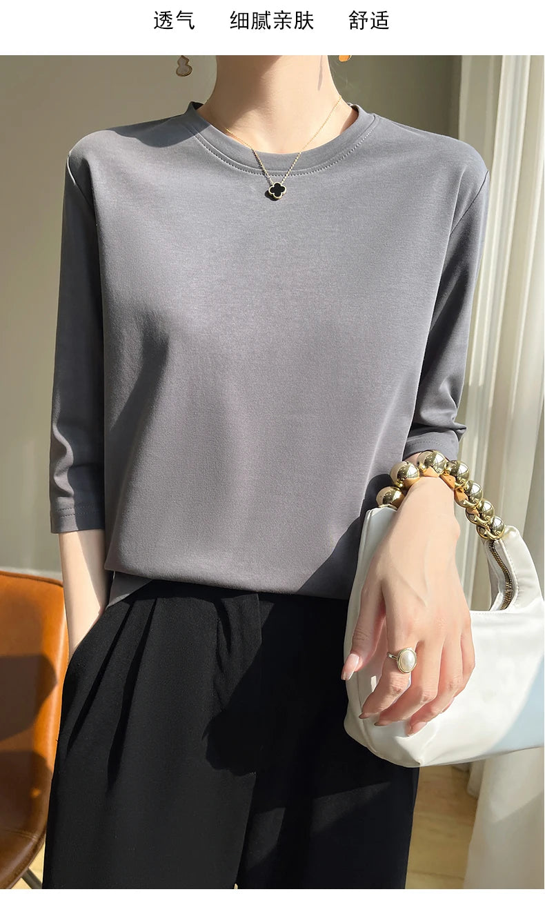 Summer Cotton Short-Sleeved T-Shirt Women's Round Neck Seven-Point Sleeves Loose Mercerized Cotton Half-Sleeve Shirt New T-shirt