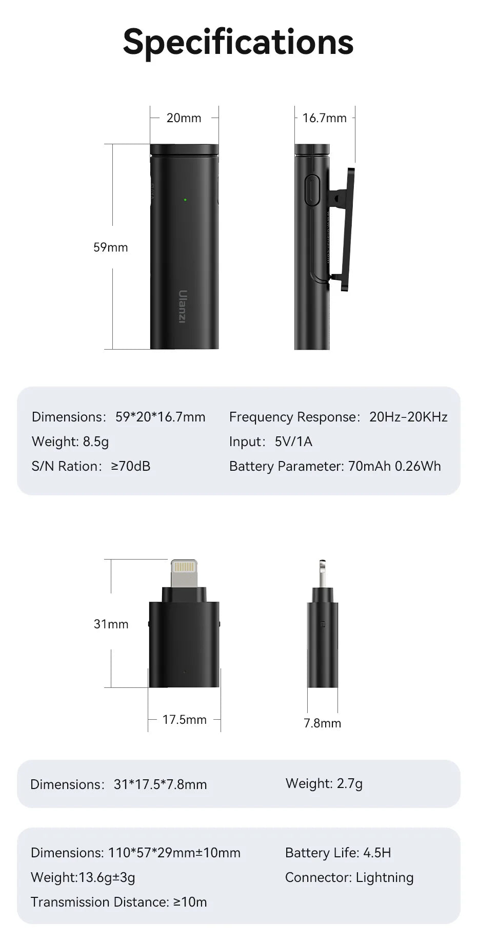 Ulanzi VM-10 Wireless Clip-on Microphone 3-Level Noise Reduction Mic With Lightning Connector For iPhone Vlog Live Streaming