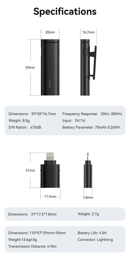 Ulanzi VM-10 Wireless Clip-on Microphone 3-Level Noise Reduction Mic With Lightning Connector For iPhone Vlog Live Streaming