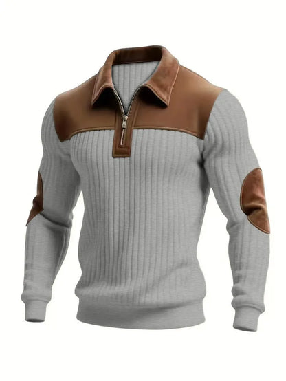 New Arrival Men Color Block Corduroy Collar Ribbed Long Sleeve Half Zip Polo Sweater Elbow Patches Casual Pullover Sweatshirts