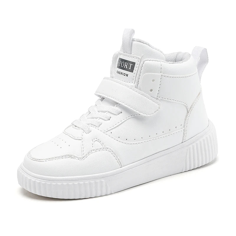 Boys High Top Sneakers - Autumn Leather Sports Shoes with Hook & Loop Closure
