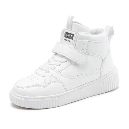 Boys High Top Sneakers - Autumn Leather Sports Shoes with Hook & Loop Closure
