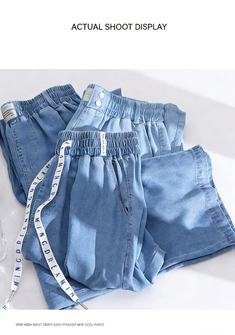 Plus Size Loose Fit Ice Silk Jeans Casual Yoga Demin Pants Women's Summer Trendy Brand Thin Wide Leg Pants Feel Comfortable