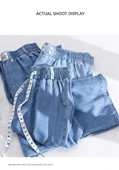 Plus Size Loose Fit Ice Silk Jeans Casual Yoga Demin Pants Women's Summer Trendy Brand Thin Wide Leg Pants Feel Comfortable