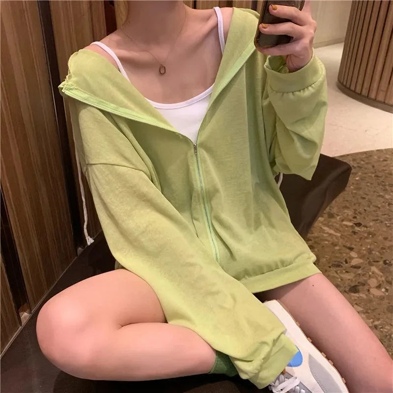 Summer Hooded Sun Protection Clothing Women's Casual Zipper Ultra-thin Lightweight Sun Protection Jacket Loose Top Female