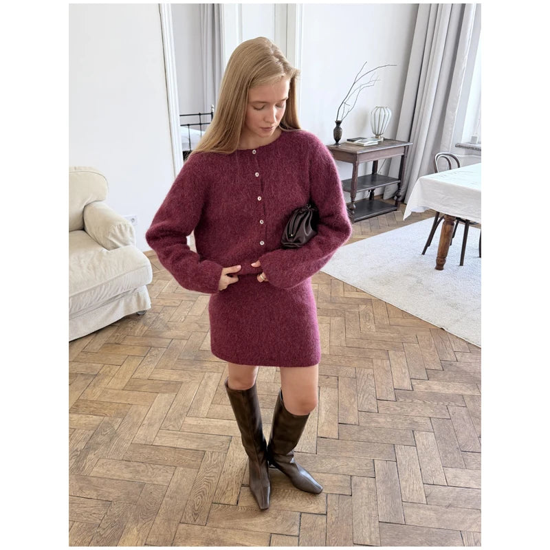 Solid Color Zipper Waist Cinching Casual Set Knitted Top Drawstring Straight Leg Pants 2-piece Sets 2026 Autumn Lady Daily Wear
